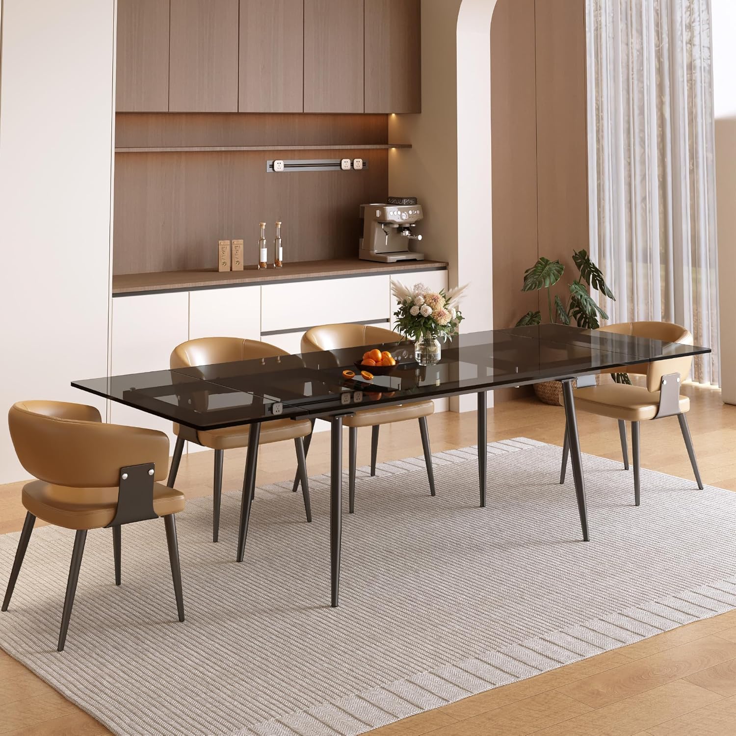 62.99-94.48" Extendable Dark Tempered Glass Dining Table, Scratch-Resistant Glass Top & Metal Frame, Seats 8-10, Modern Minimalist Dining Furniture for Family & Entertaining