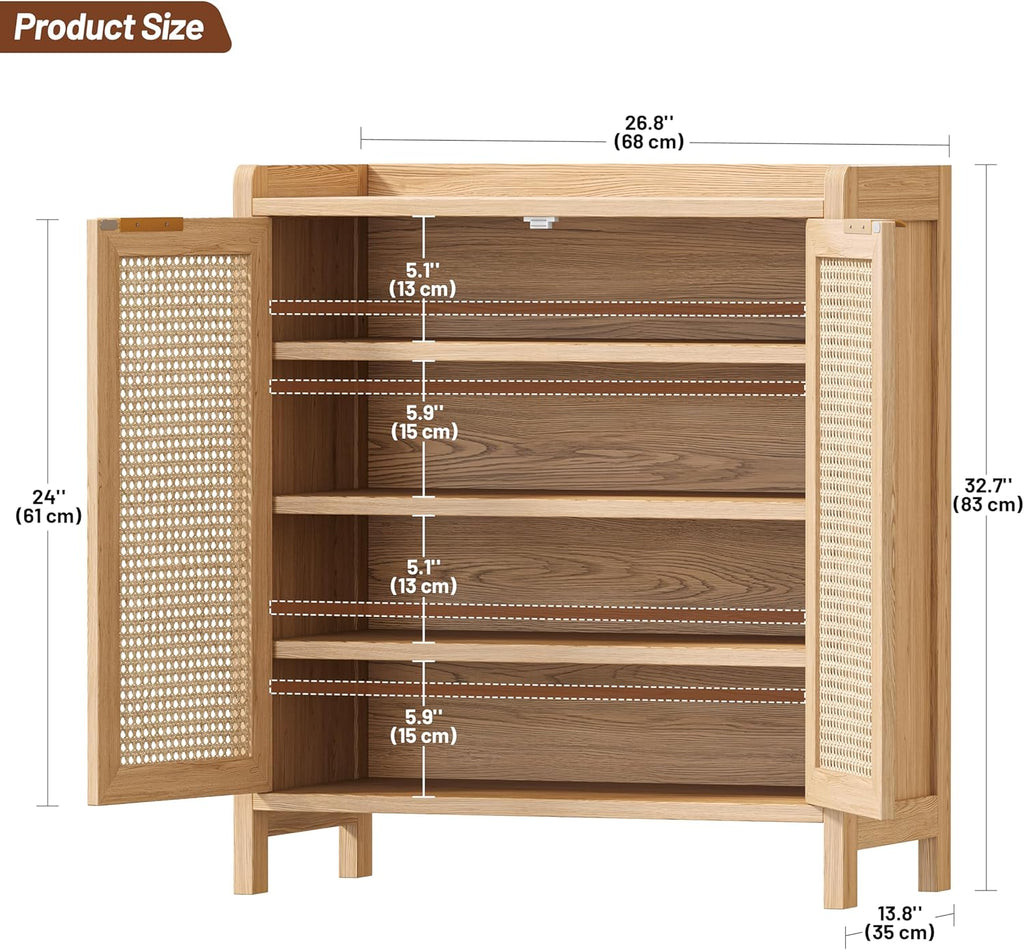 Rattan Shoe Storage Cabinet, 5-Tier Shoe Cabinet for Entryway, Wooden Shoe Rack Organizer with Doors and Adjustable Shelves, for Entryway, Hallway, Living Room, Natural Oak