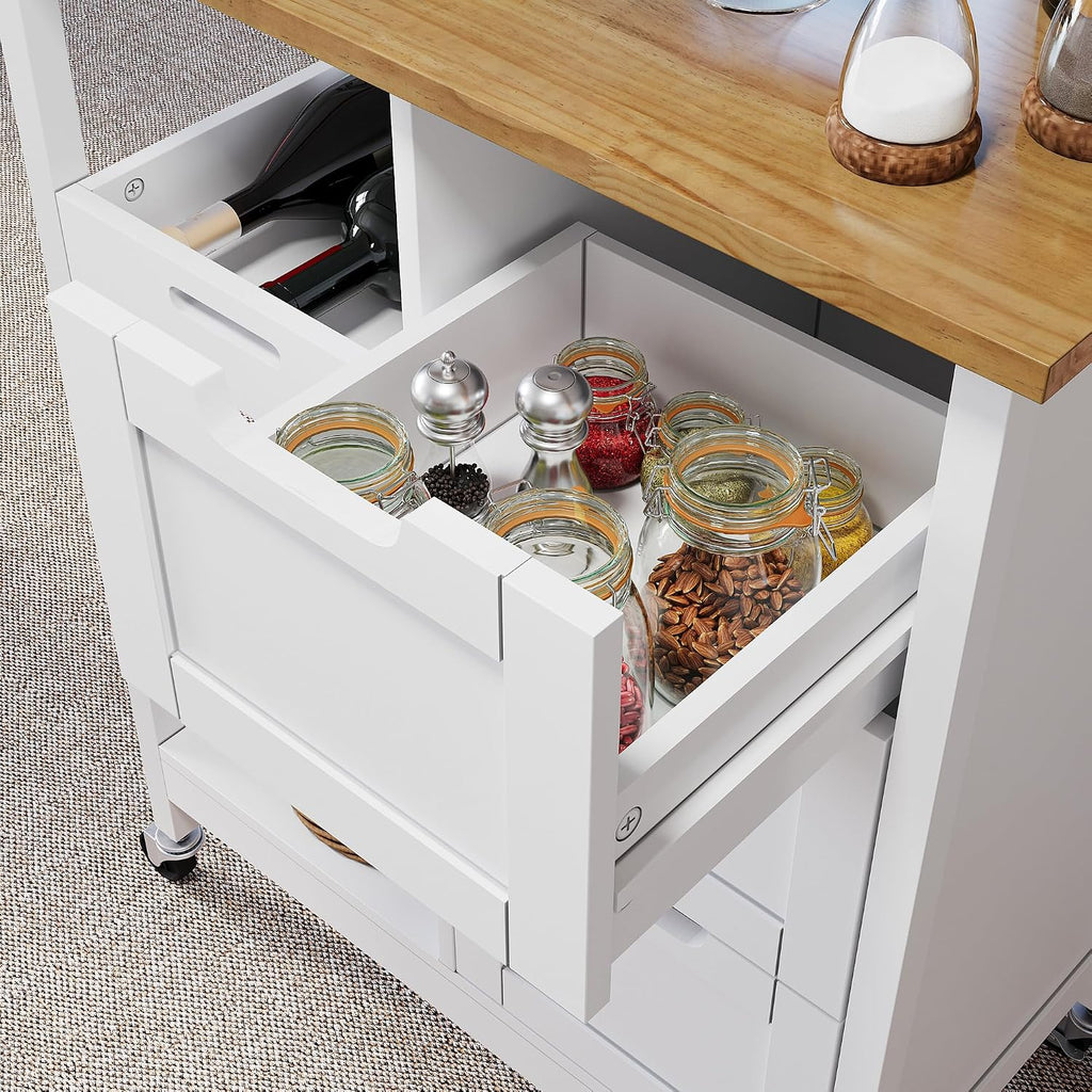 DWVO Solid Wood Top Rolling Kitchen Island Cart, 3 Tier Mobile Kitchen Storage Island Cart with 3 Drawers and 3 Opening Storage Shelves for Kitchen & Dining Area, White