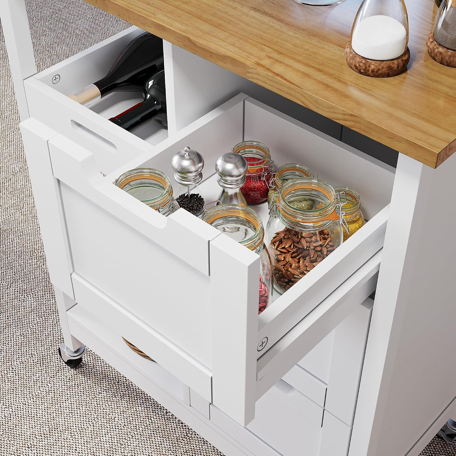 DWVO Solid Wood Top Rolling Kitchen Island Cart, 3 Tier Mobile Kitchen Storage Island Cart with 3 Drawers and 3 Opening Storage Shelves for Kitchen & Dining Area, White