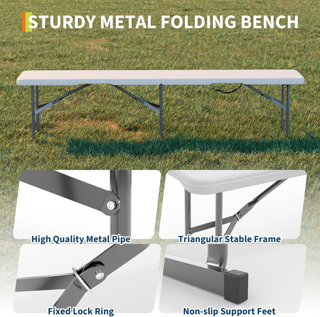 6FT Folding Bench, 2 Pack Fold-in-Half Portable Seating with Carry Handle, Heavy Duty 770lbs Capacity Soccer Sideline Team Seating for Games, Party & Events, Indoor/Outdoor, Camping
