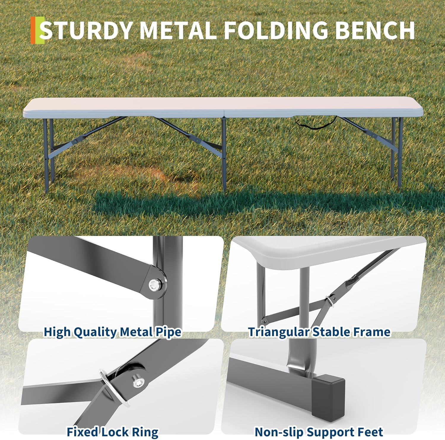 6FT Folding Bench, 2 Pack Fold-in-Half Portable Seating with Carry Handle, Heavy Duty 770lbs Capacity Soccer Sideline Team Seating for Games, Party & Events, Indoor/Outdoor, Camping