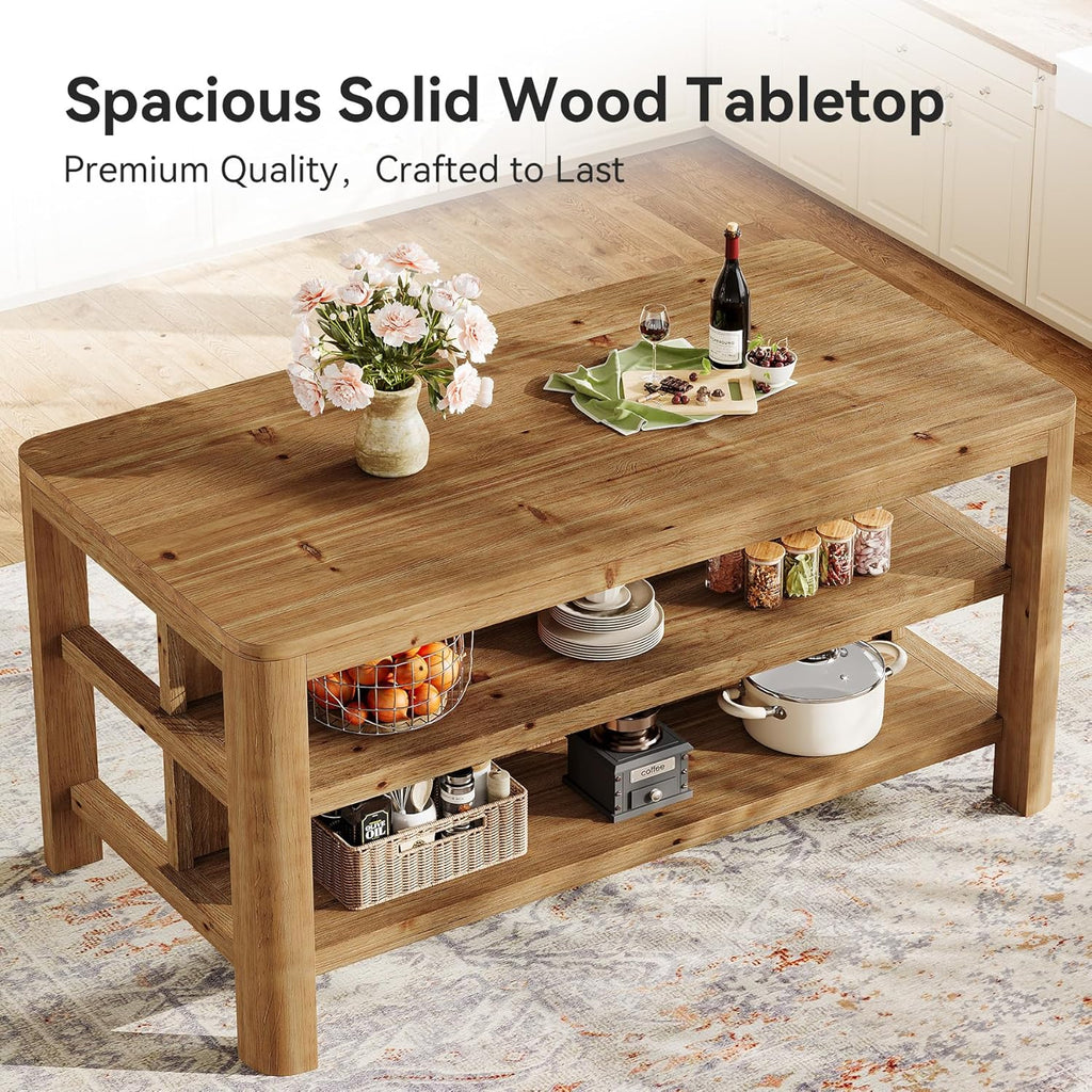 63-Inch Solid Wood Kitchen Island with Storage Shelves, Farmhouse Island Table with Seating, Counter Height Bar Table for Dining Room, Kitchen, Easy to Assemble, Natural Wood