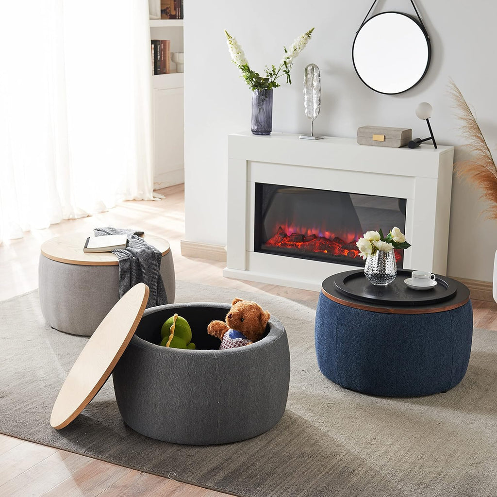TTK Round Ottoman Coffee Table with Storage, 25.5" Large Circle Storage Ottoman with Tray, Modern Foot Stools Chenille Padded Bench Ottomans upholstered Coffee Tables for Living Room (Navy Blue)