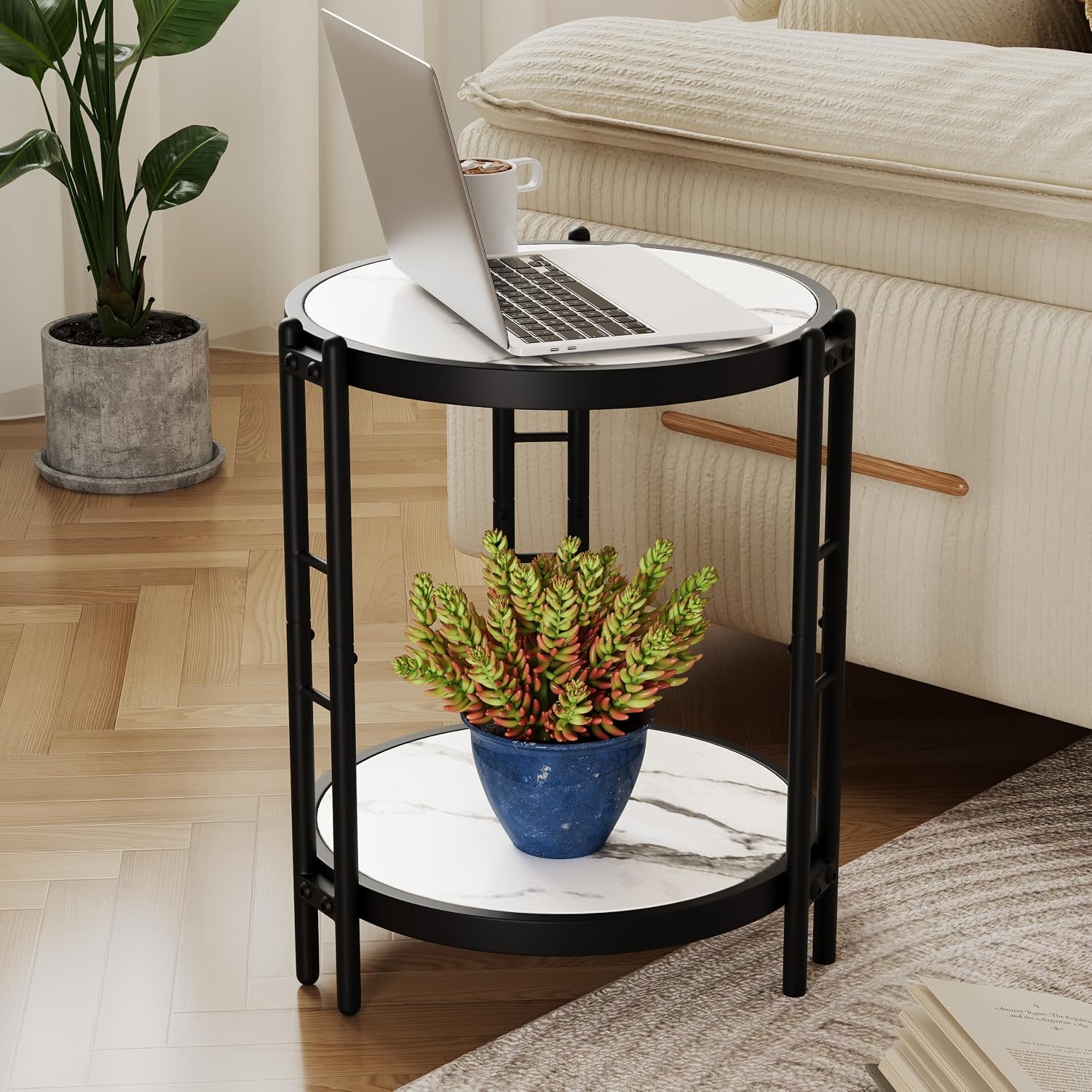 Alunaune Industrial End Table, 2-Tier Round Side Table, Small Modern Storage Shelf Metal Coffee Table Nightstand for Living Room Bedroom-White