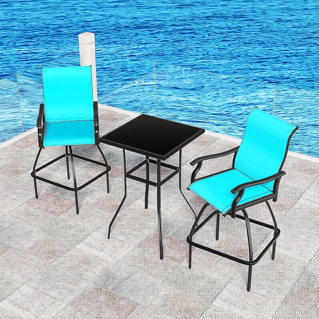 LEVELEVE Patio Bar Set 2pcs Swivel Bar Stools Outdoor Bistro Textilene Furniture Stability All-Weather Set (3, Lake Blue Padded)