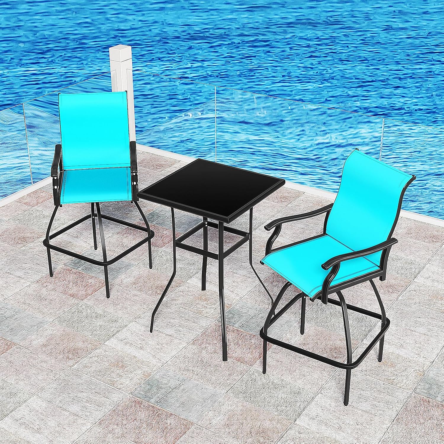 LEVELEVE Patio Bar Set 2pcs Swivel Bar Stools Outdoor Bistro Textilene Furniture Stability All-Weather Set (3, Lake Blue Padded)