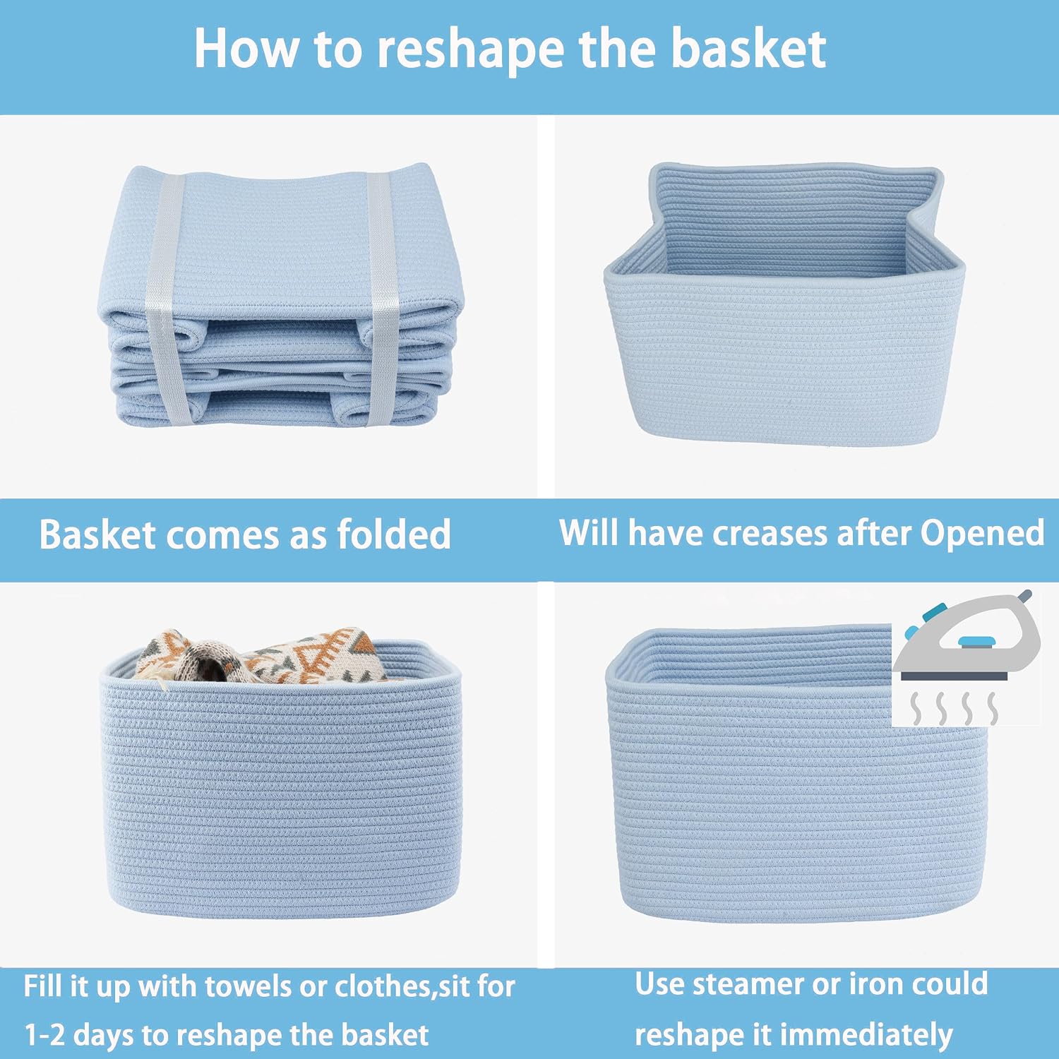 Cotton Rope storage Basket Bins Woven Basket for Organizing Shelves Rectangle Decorative Baskets For storage 3 pack (light blue)