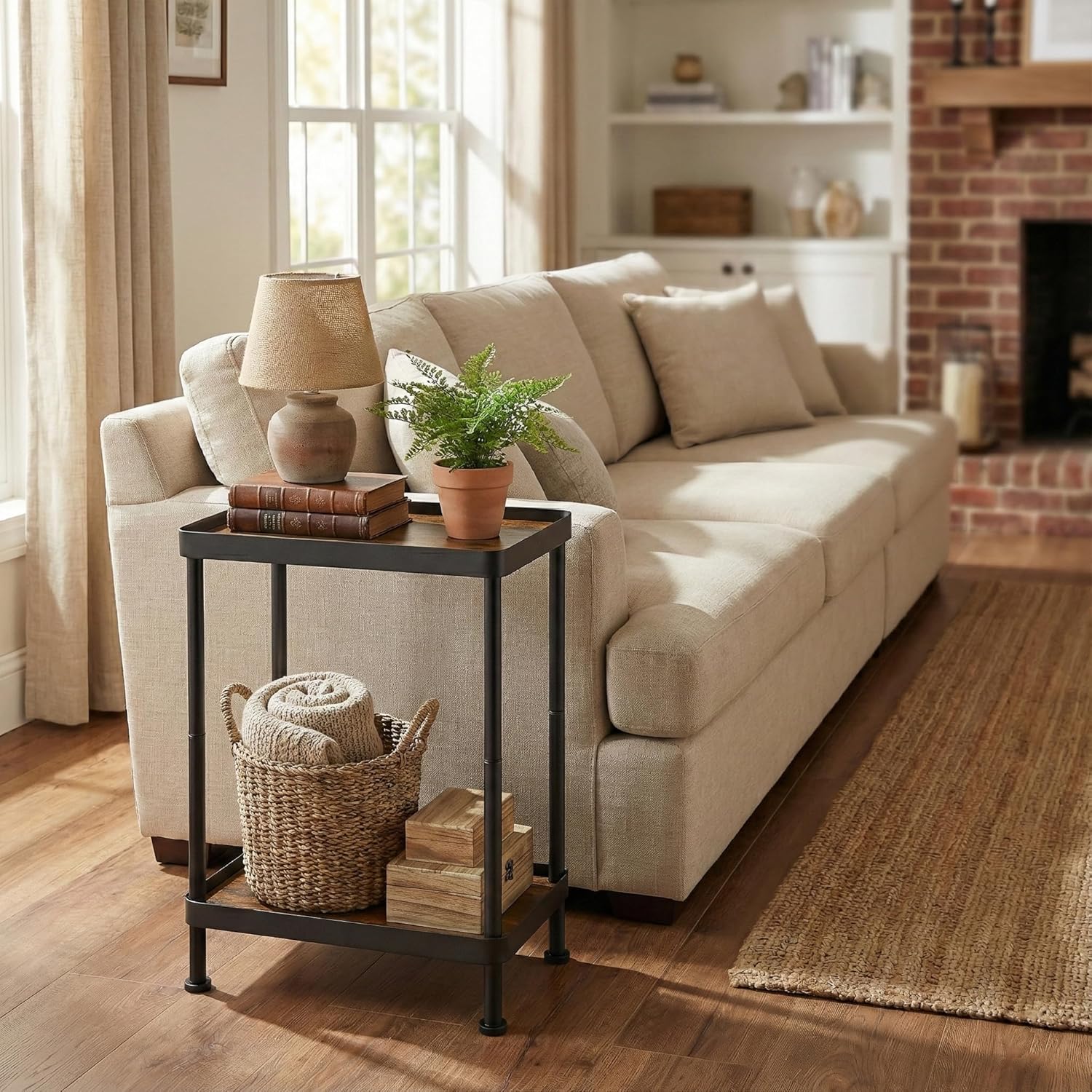 Small Narrow Side Table, 2 Tier End Table with Storage Shelf, Sofa Table for Small Spaces in Living Room, Bedroom, Office, Nightstand or Plant Stand(Rustic Brown)