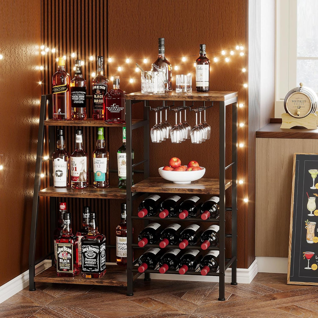Homeiju Liquor Cabinet Bar for Home Bar, 3 Tier Wine Rack Freestanding Floor with Glass Holder and Fences, Trapezoidal Liquor Bottle Display Shelf for Liquor Whiskey Wine, Brown