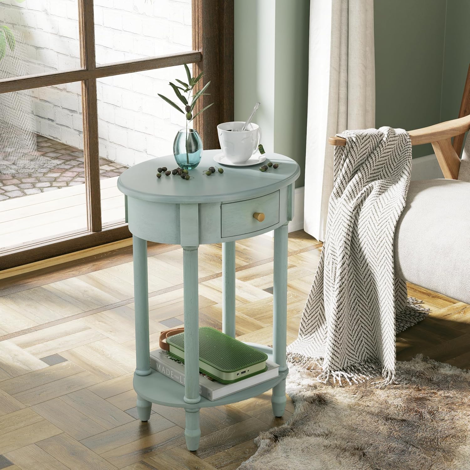 COZAYH French Country Oval End Table with 1 Small Drawer, Farmhouse Wood End Table with Additional Storage Shelf, Elegant Bedside Table for Small Spaces,Living Room,Bedroom, Light Green