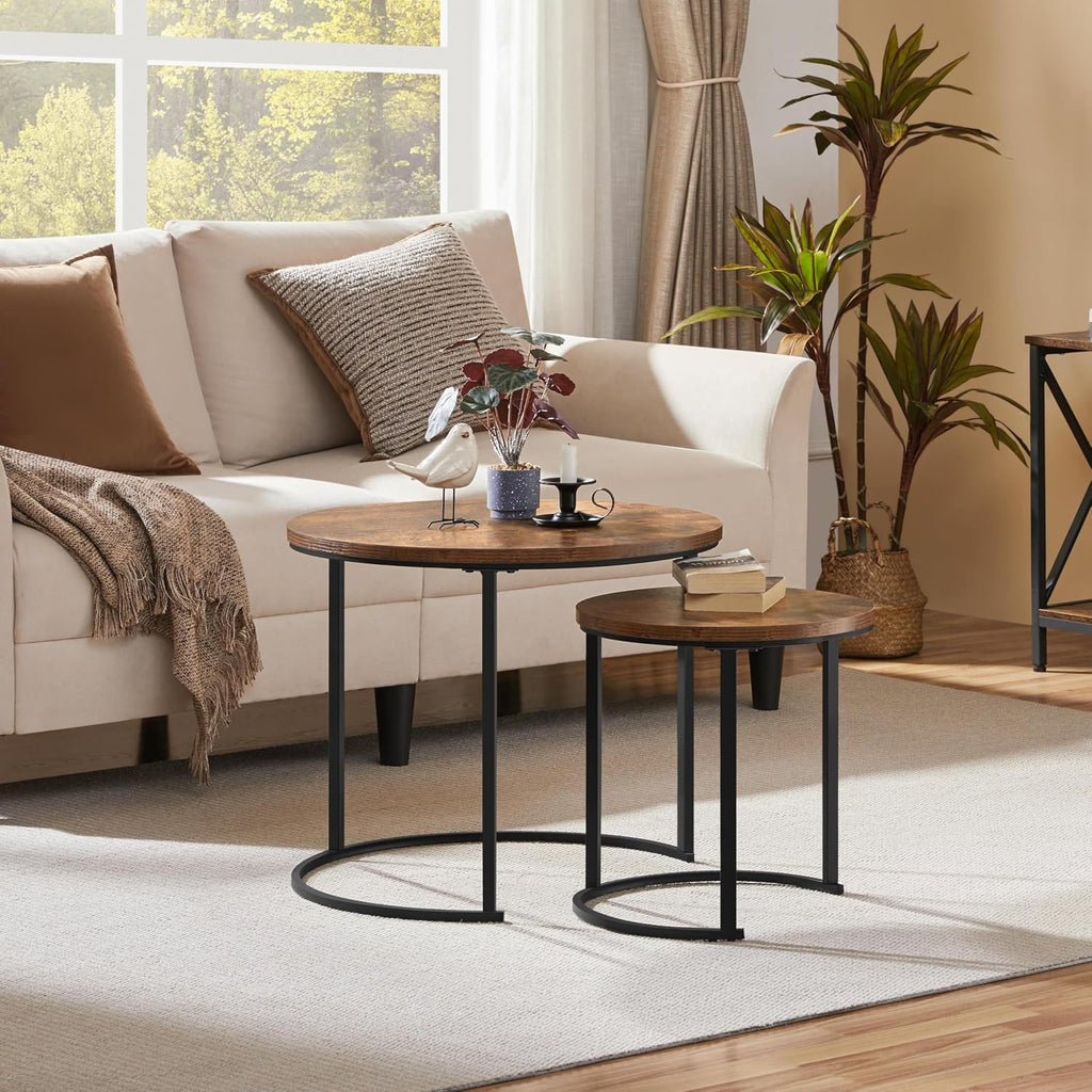 Yaheetech Nesting Coffee Table, Round Coffee Table for Living Room, Nesting Table with Wooden Tabletop and Sturdy Metal Frame, Stacking Living Room Tables Nesting End Table Set of 2, Rustic Brown