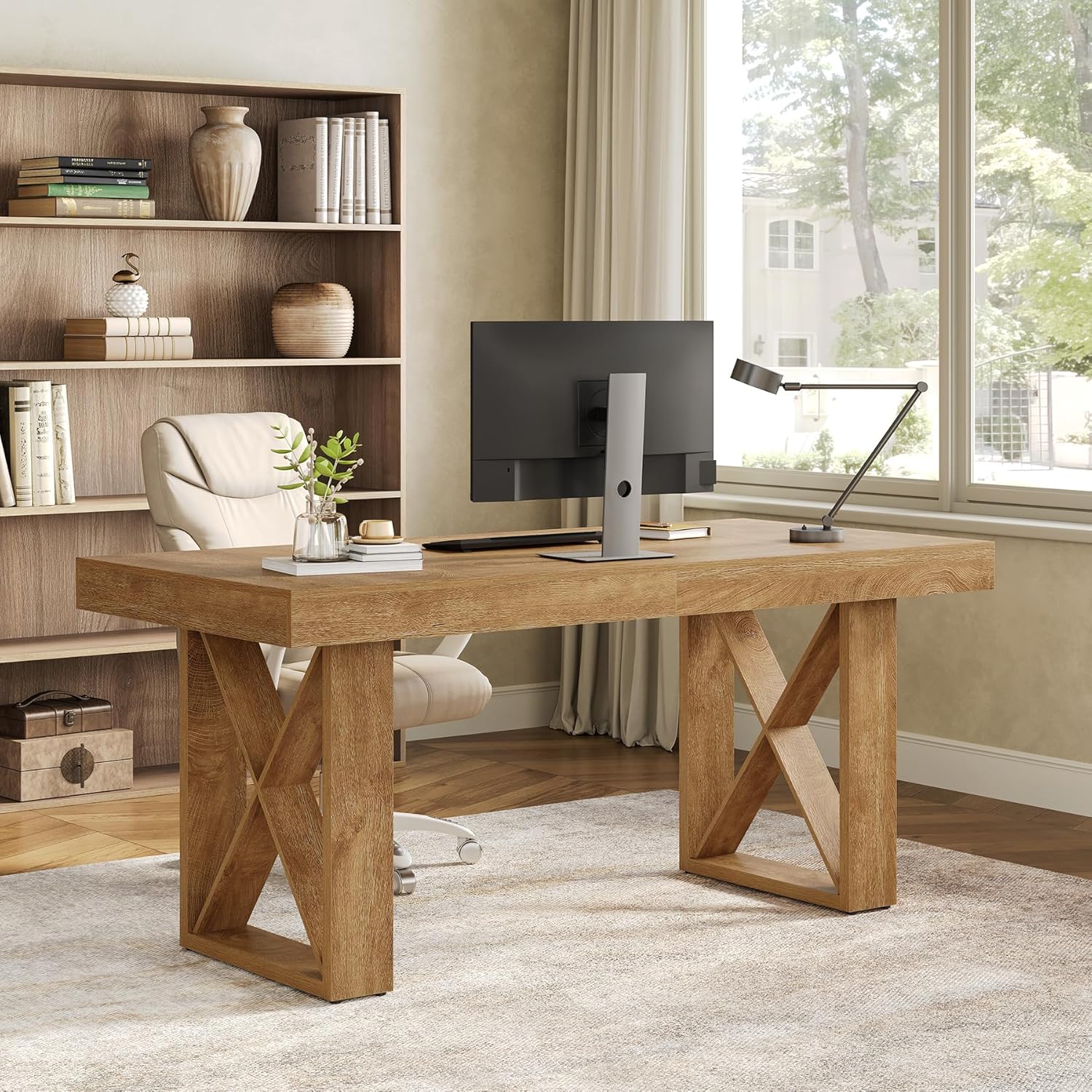 LITTLE TREE 63-Inch Computer Desk, Simple Thick Appearance, Study Gaming Writing Workstation Executive Office Desk for Home, Study Room, Brown
