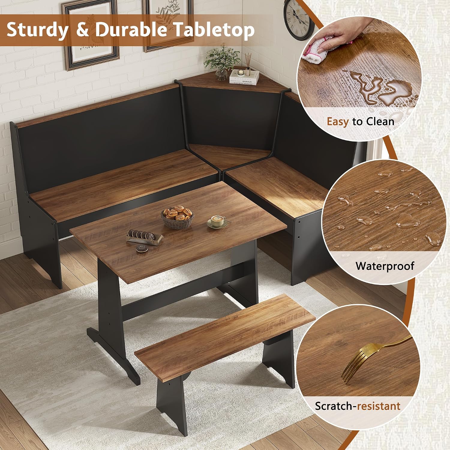 LUXOAK 3-Piece Corner Dining Set with Hidden Storage, Black Oak | Breakfast Nook, L-Shaped Corner Bench, Hidden Storage, Space Saving Design for Small Space, Kitchen Dining Room Furniture