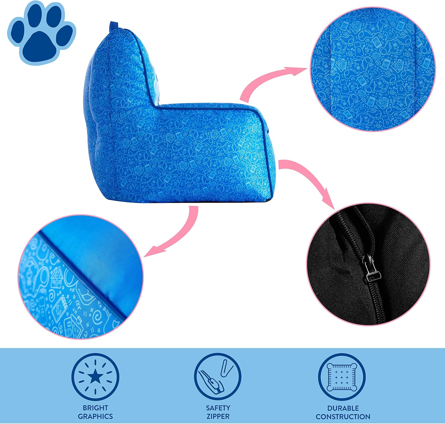 Idea Nuova Nickelodeon Blue's Clues Toddler Nylon Bean Bag Chair with Piping & Top Carry Handle, Large