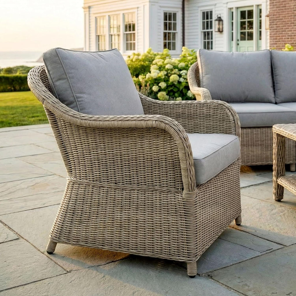 Martha Stewart Lily Pond Indoor-Outdoor Weathered Gray Rattan Wicker Patio Club Chair with All-Weather Gray Back and Seat Cushions, 300 Lb. Static Weight Capacity