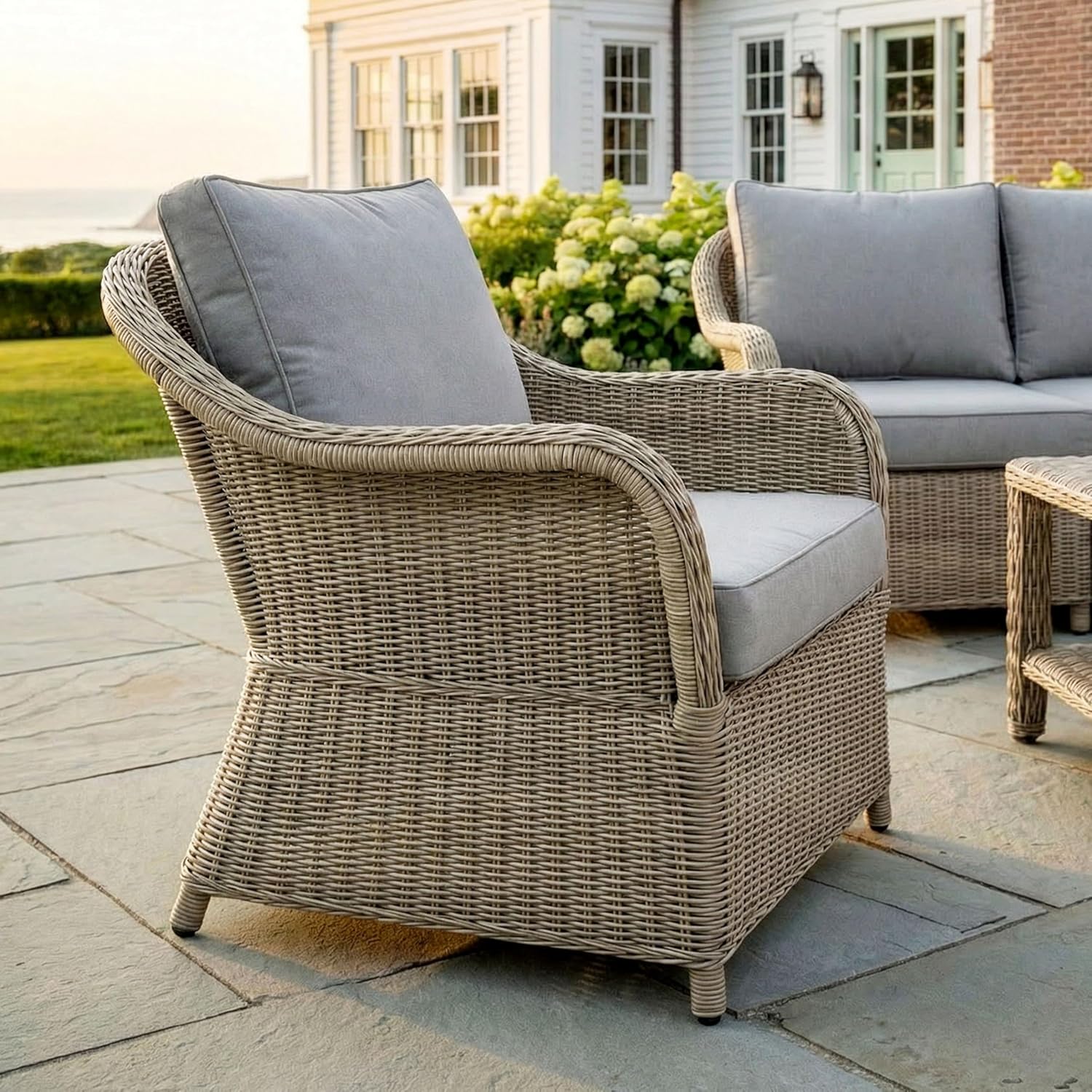 Martha Stewart Lily Pond Indoor-Outdoor Weathered Gray Rattan Wicker Patio Club Chair with All-Weather Gray Back and Seat Cushions, 300 Lb. Static Weight Capacity