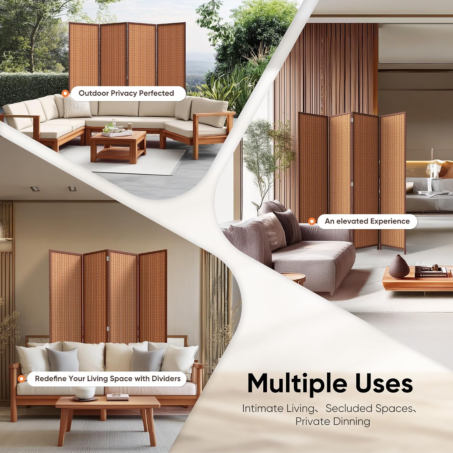 JOSTYLE 4 Panel Folding Privacy Screens 6ft Bamboo Freestanding Room Dividers, 70.9" H x 79" W