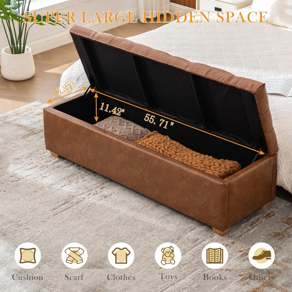 Aoiy & Wifon 60.2'' W Storage Ottoman Bench, PU Upholstered Ottoman with Storage, End of Bed Storage Bench with Wood Legs for Bedroom, Entryway, Window, Living Room, Brown