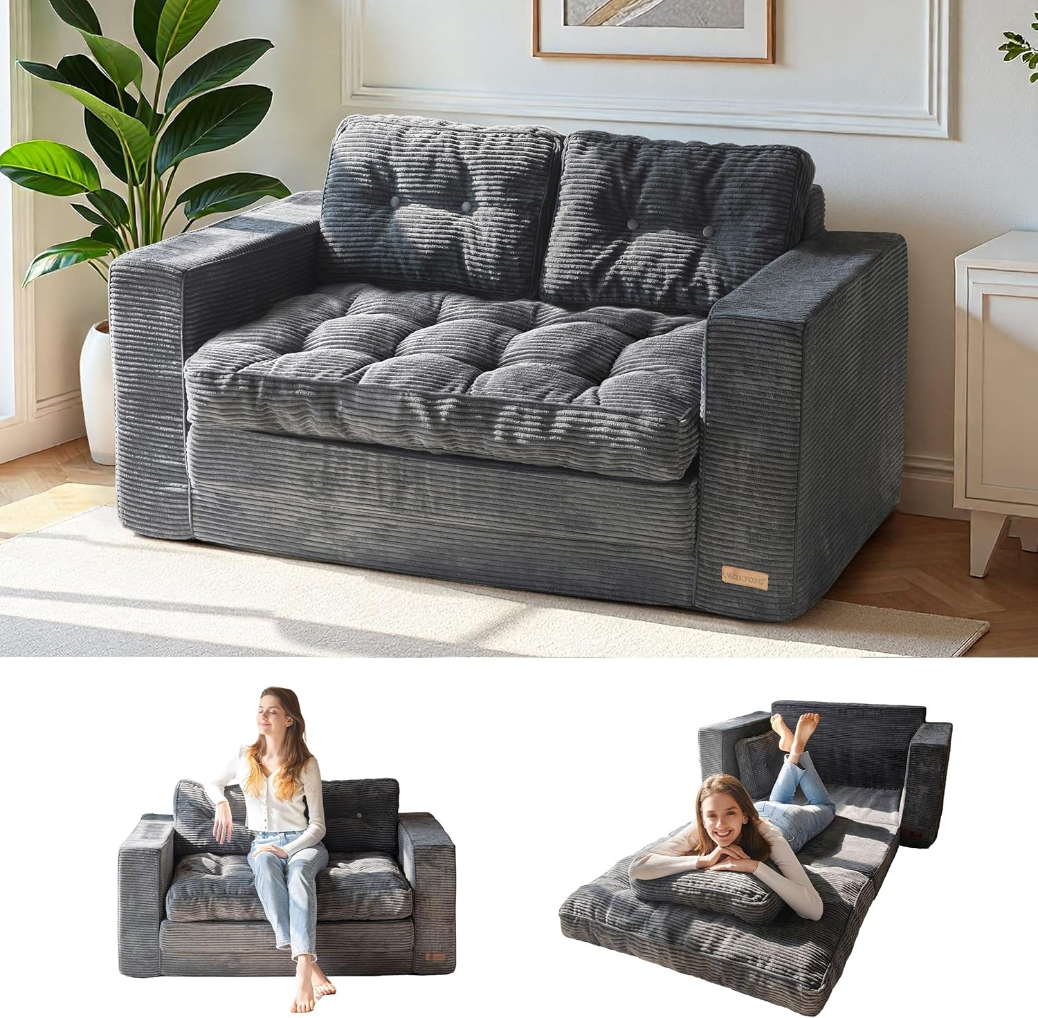 MAXYOYO Convertible Sofa Bed, Loveseat Sofa Couch for Adults, 2 in 1 Folding Couch Bed, Fold Out Floor Couch for Living Room Bedroom Lounge, Dark Grey