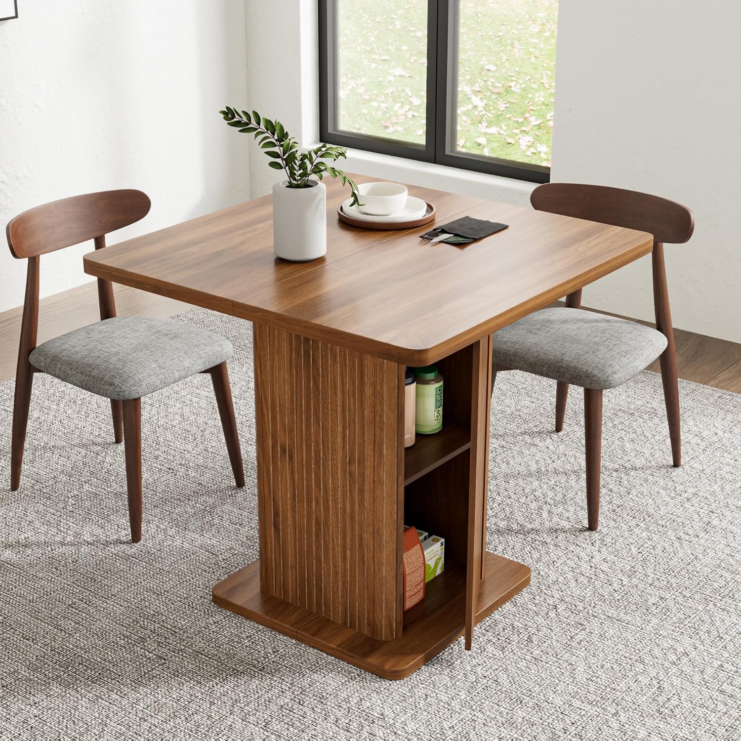 Small Square Dining Table for 2-4, 31.5 Inch Farmhouse Kitchen Table with 2-Tier Storage Shelf, Modern Wood Dinner Furniture with Fluted Doors, Dining Room, Living Room, Space Saving, Walnut
