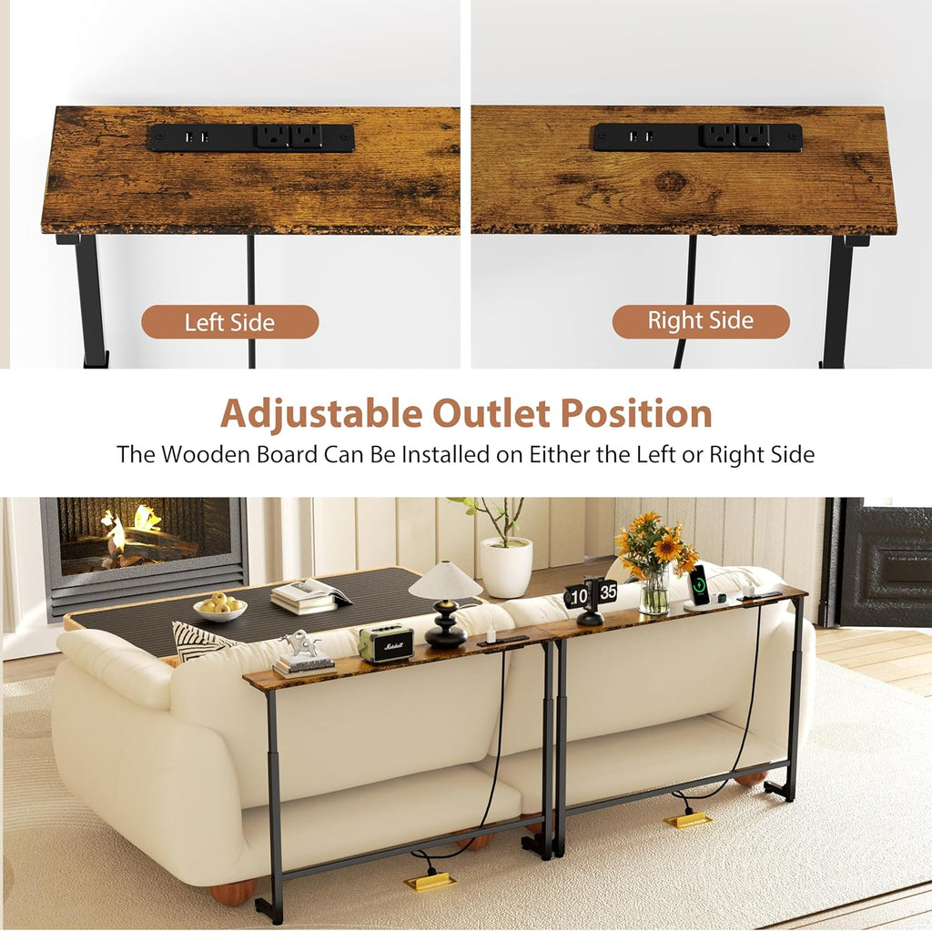 GRLEAF 2 Pack Adjustable Height Narrow Console Table with Power Outlets, 78.7" Long Sofa Table with Charging Station Behind Couch Table Entryway Table for Living Room and Hallway – Rustic Brown