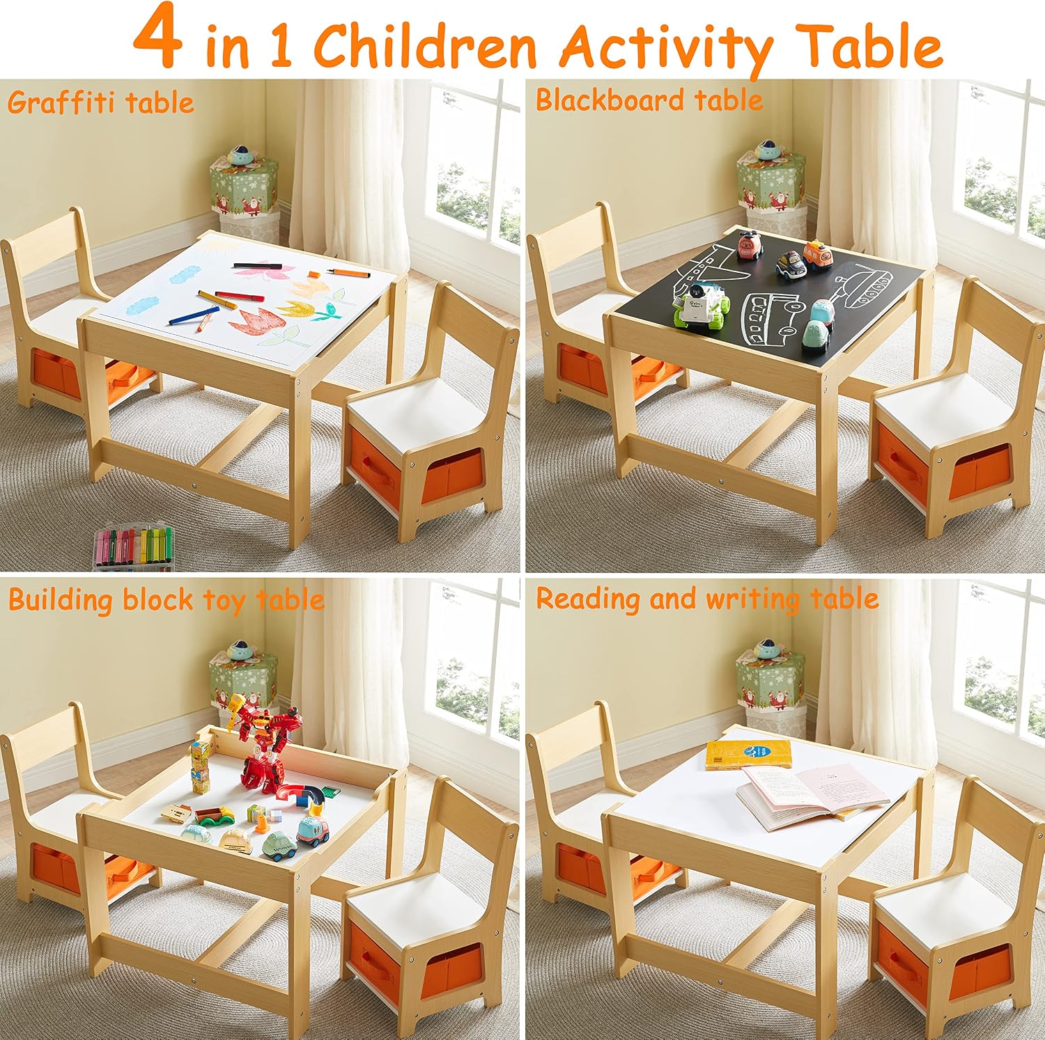 GTOLV Kids Table and Chair Set, 3 in 1 Wooden Activity Table with Storage Drawer for Toddlers Drawing, Reading, Crafts, 2 in 1 Detachable Tabletop Table Set for Nursery, Playroom (Natural)