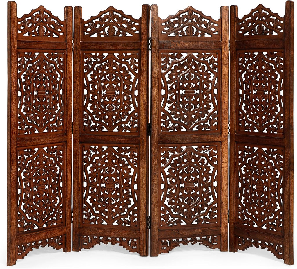 Lightnpro 4 Panel Royal Octagon Wooden Room Divider 64"(W) x 48"(H) Handmade Heart Design Partition, Intricately Carved, Hinged & Foldable, Pre-Assembled Privacy Screen Burnt Finish