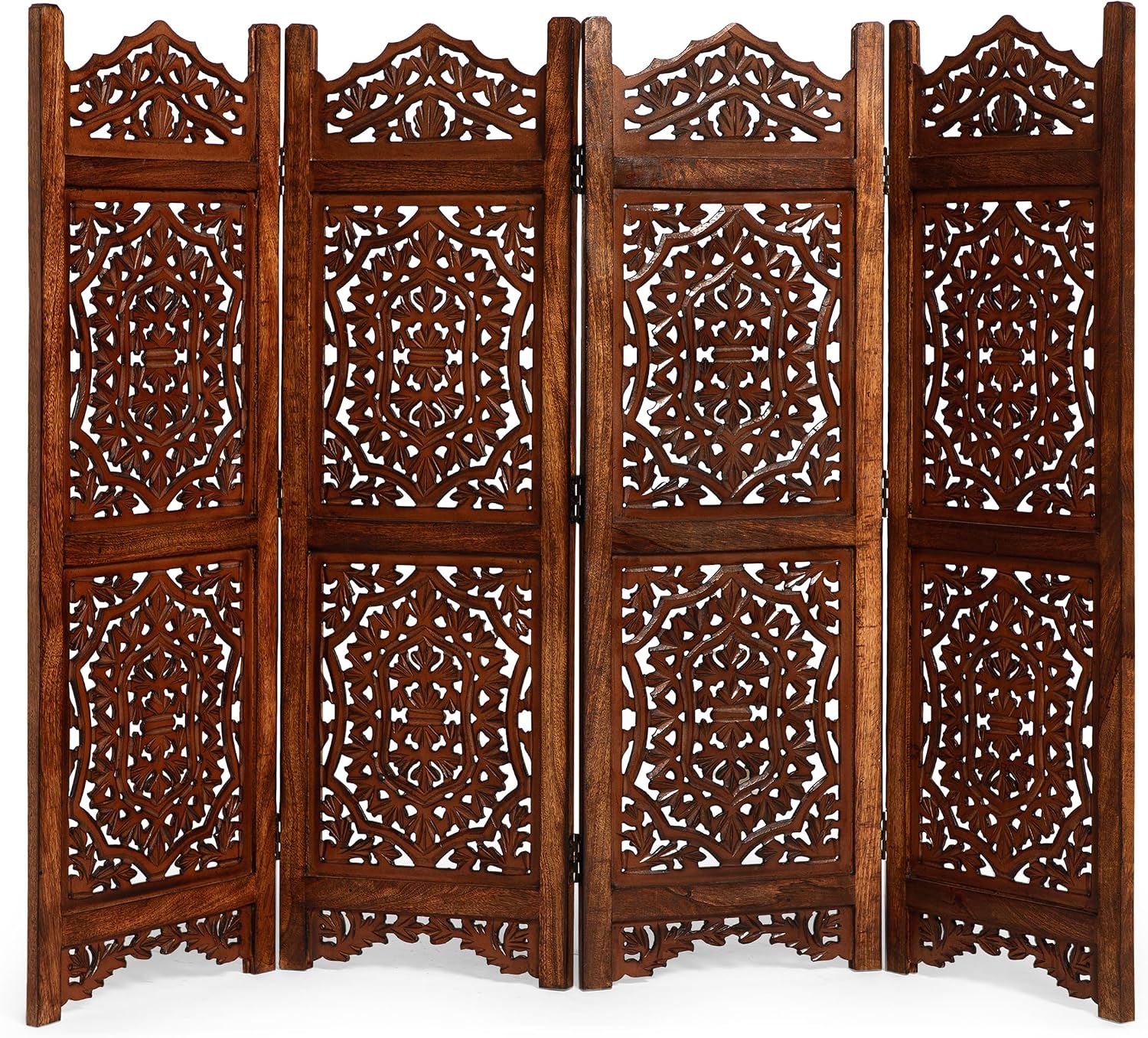 Lightnpro 4 Panel Royal Octagon Wooden Room Divider 64"(W) x 48"(H) Handmade Heart Design Partition, Intricately Carved, Hinged & Foldable, Pre-Assembled Privacy Screen Burnt Finish