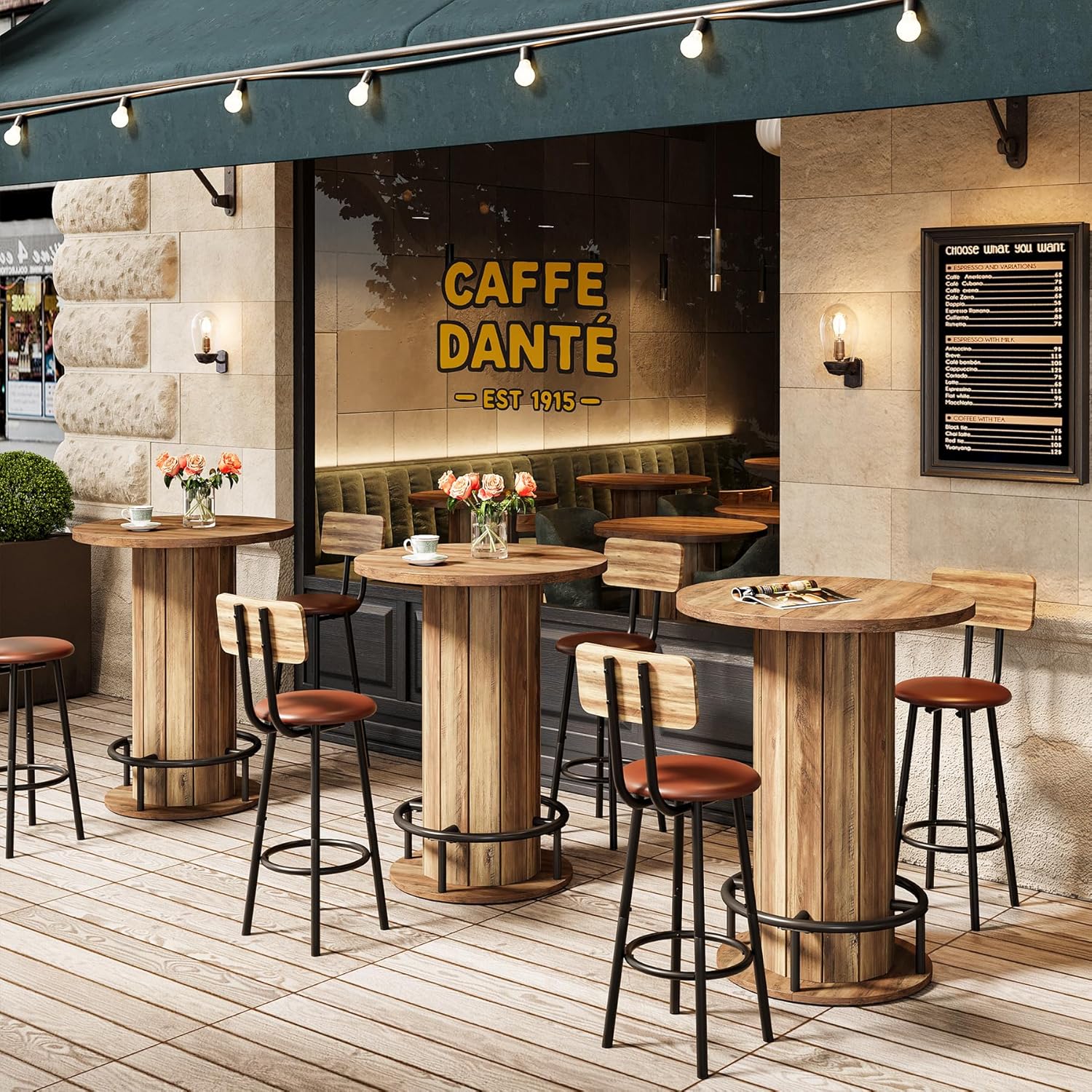 Tribesigns Round Dining Table, Bar Height Commercial Kitchen Table with Wood Strip Base and Footrest, for Dining Room, Restaurant, Cafe, Bakery, School, Apartment, Brown (Only Table)