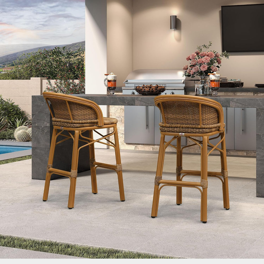 PURPLE LEAF Outdoor Counter Height Bar Stool Set of 2 Rattan Wicker with Back and Armrests Aluminum Frame Bamboo Finish Patio Barstools for Kitchen Poolside Dining Bistros Cafe Restaurant, Brown