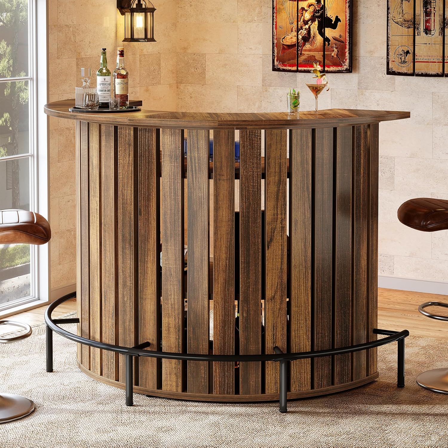 Tribesigns 4-Tier Bar Table, 47.24" Mini Home Bar Table with Footrest, Arc-Shaped Modern Bar Cabinet for Home, Living Room, Rustic Brown
