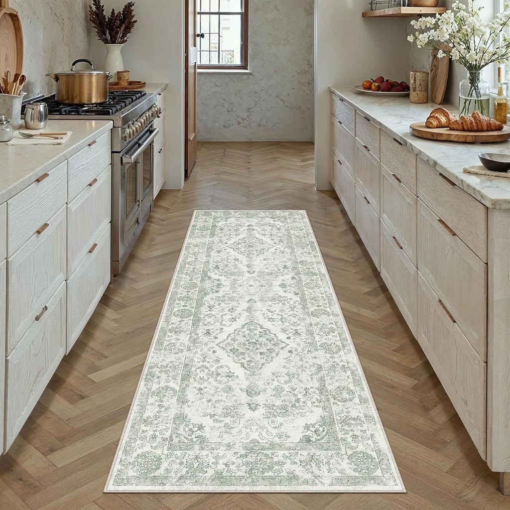 PureCozy Sage Green 2x6 Runner Rug for Hallway Washable Vintage Floral Medallion Soft Long Carpet Low Pile Non Slip Distressed Indoor Doormat for Kitchen Laundry Dining Living Room