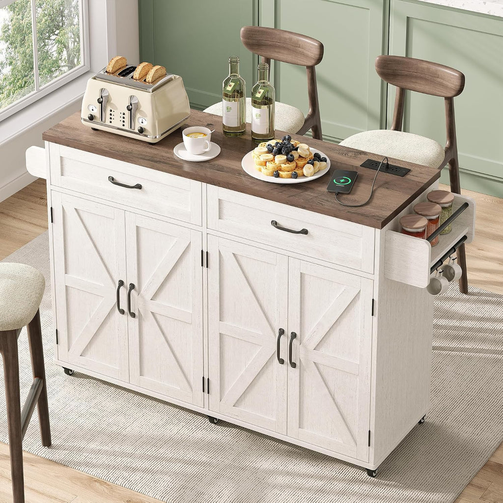 Mobile Kitchen Island, Kitchen Island Cart with 2 Drawers and Charging Station, Island Table for Kitchen, Home Bar Carts with Storage, Kitchen Rolling Island with Spice Rack and Towel Rack,White