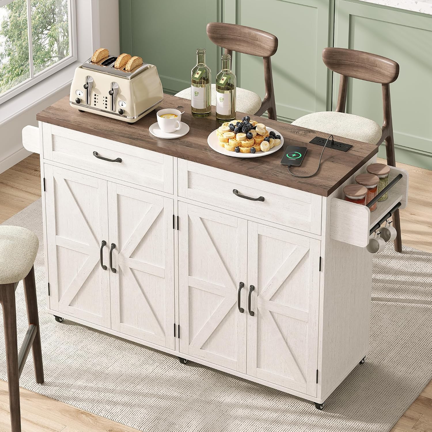 Mobile Kitchen Island, Kitchen Island Cart with 2 Drawers and Charging Station, Island Table for Kitchen, Home Bar Carts with Storage, Kitchen Rolling Island with Spice Rack and Towel Rack,White