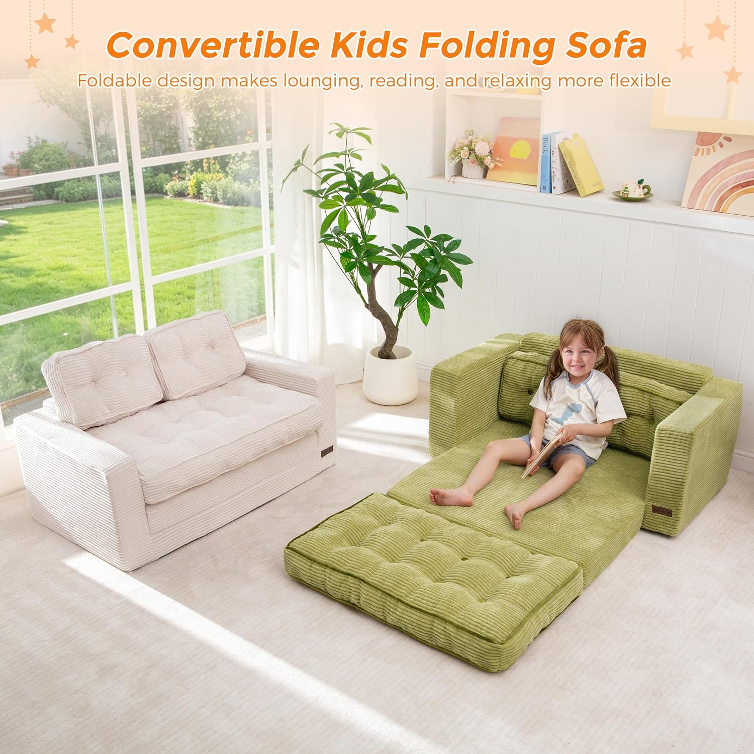 MAXYOYO Convertible Sofa Bed for Boys and Girls, Floor Kids Bean Bag Chair | Pull Out Folding Kids Sofa Chair, Comfy Kids Bean Bag Chair for Playroom, Children's Day & Birthday, Beige