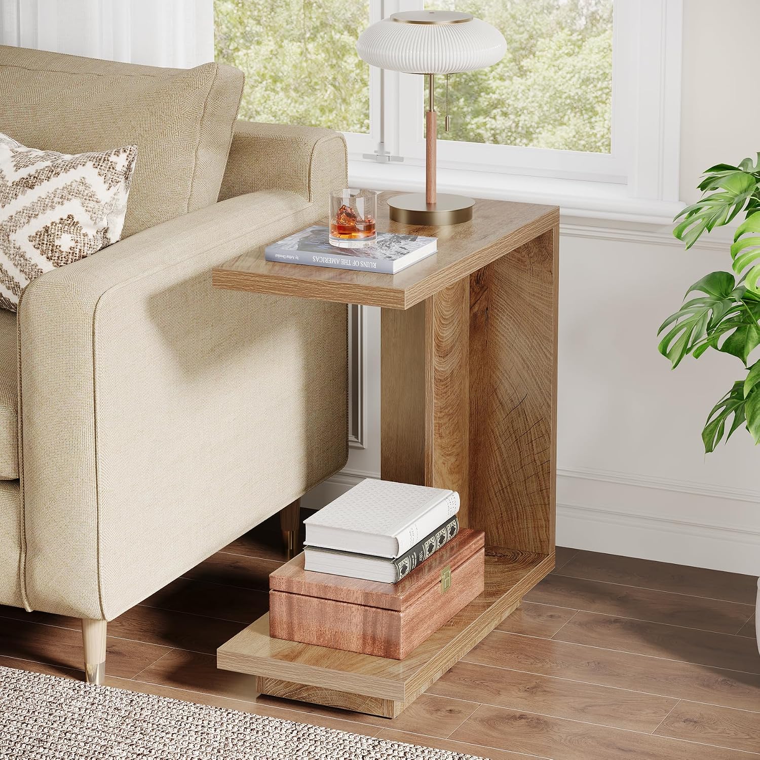 Tribesigns C-Shaped Side Table for Couch, 2-Tier C Table with Sturdy Pedestal, Industrial Sofa End Table for Living Room, Bedroom (Brown)