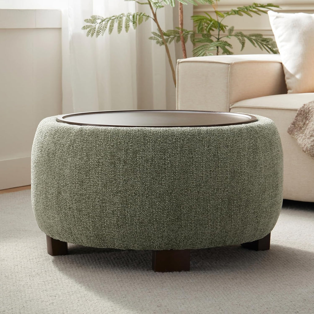 VKNOW 30" Round Storage Ottoman, Ottoman Coffee Table with Removable Wood Top and Solid Wood Legs for Living Room, Bedroom, Apartments(Green)