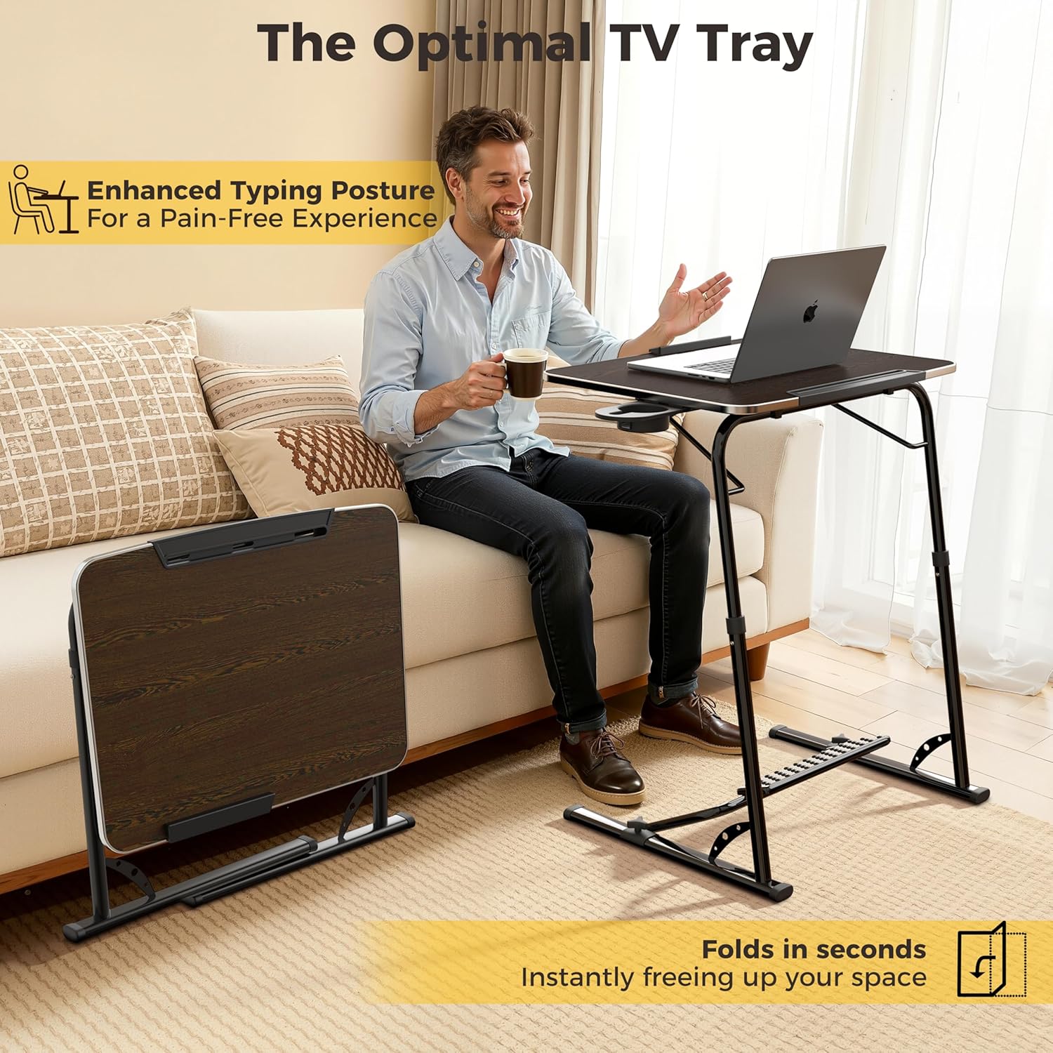 FoldWise Upgraded Folding TV Tray Table - Extra Large & Sturdy Laptop Table for Couch, Height & Angle Adjustable Desk for Dinner, Work & TV - Includes Footrest, Cup Holder, iPad Holder & Edge Stopper