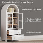 71" Farmhouse Arched Storage Cabinet with Glass Doors, Tall Arched Cabinet with Drawer, Adjustable Shelves & Door Racks, Modern Kitchen Pantry Cupboard, White
