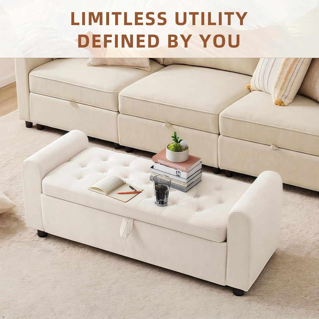 48" Ottoman with Storage, Tufted Storage Ottoman Bench, Convenient Living Room Fabrics Bench Seat, Entryway Shoe Benches with Inner Zipper & Arm, Rivetless Upholstered Window Seat Ottomans, Beige