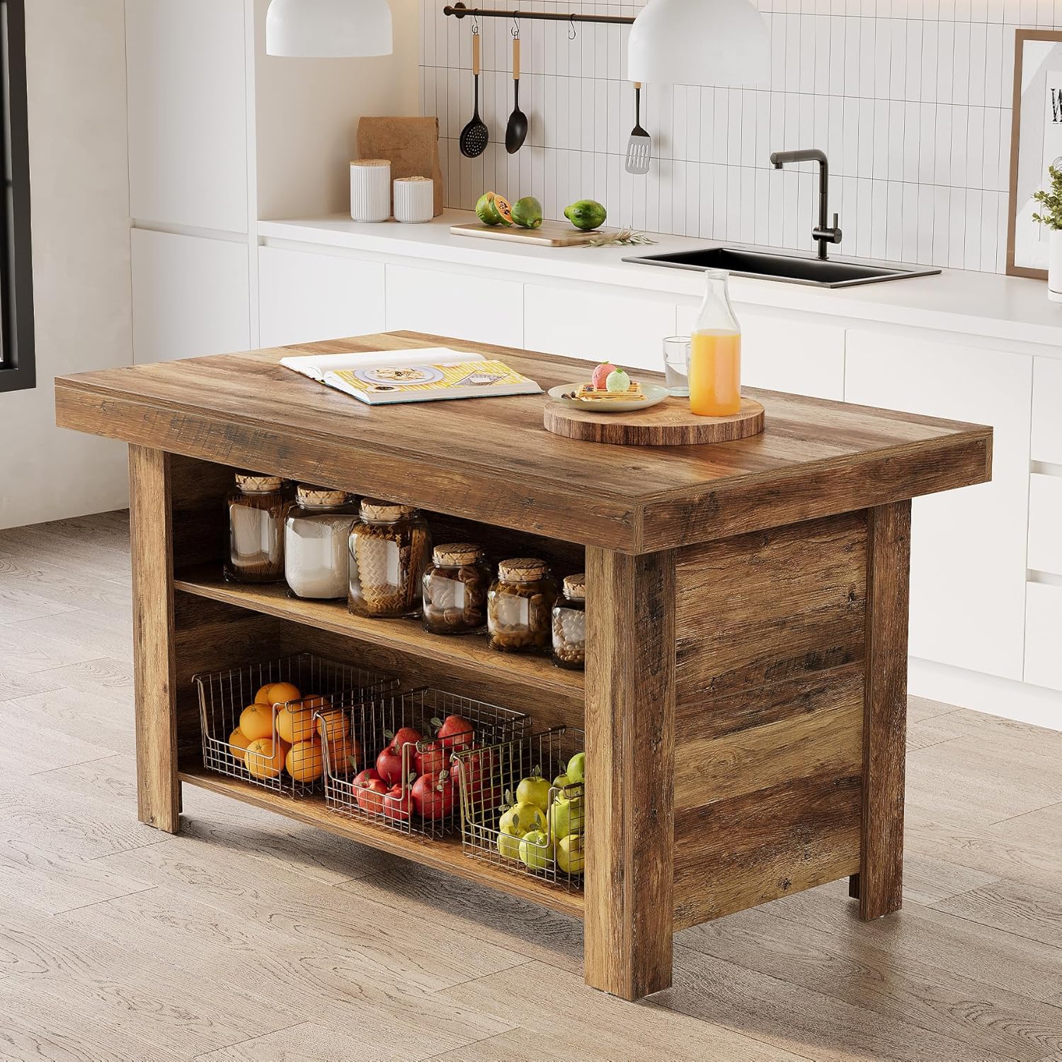 LITTLE TREE 55 Inches Kitchen Island with Storage, 3-Tier Farmhouse Wooden Stationary Island Table with Large Worktop & Leg Room, Modern Coffee Bar Table with Storage Shelf for Kitchen, Rustic Brown