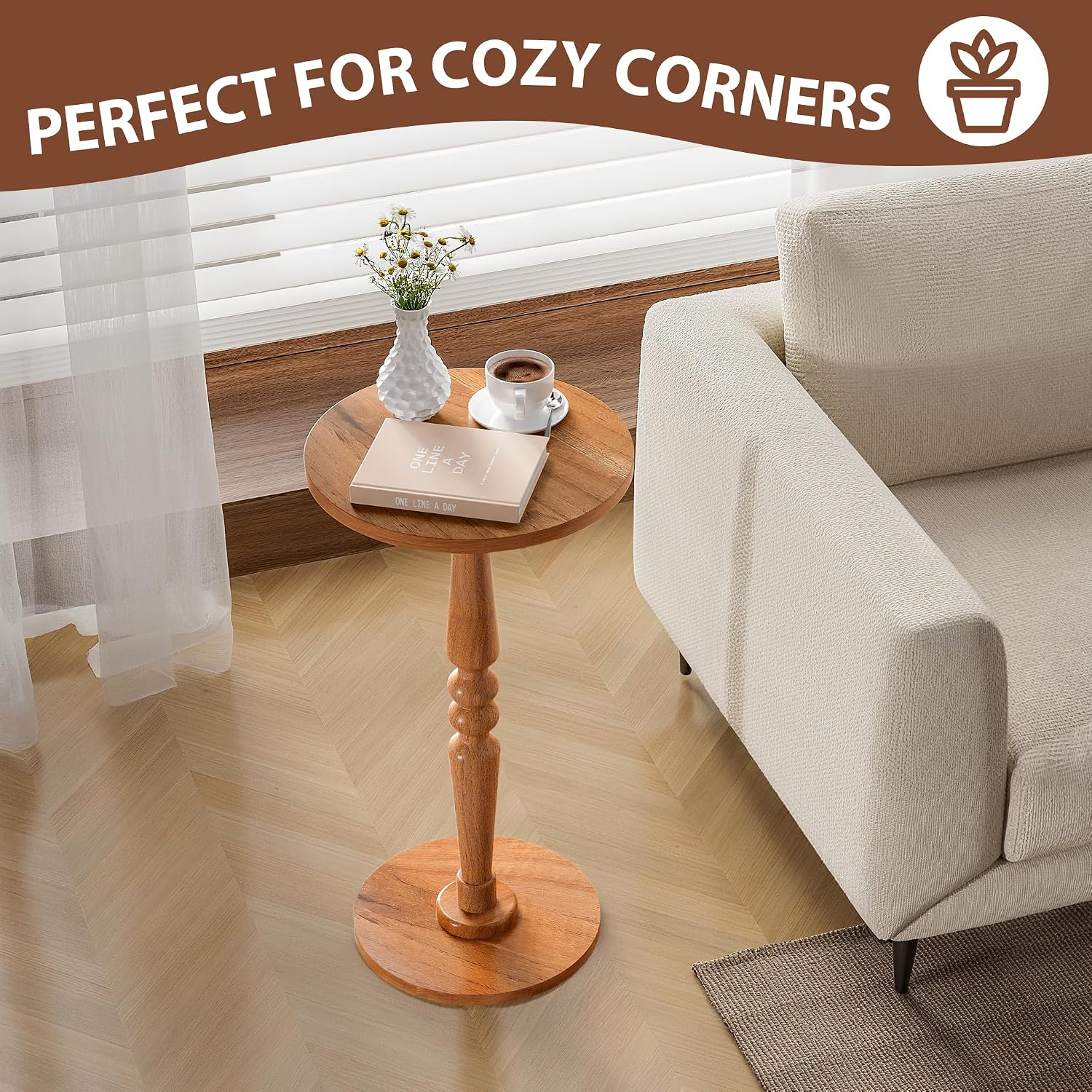 Small Wood Round Side Table - Accent Nightstand Pedestal Table for Living Room, Bedroom - Compact Coffee Table, Tea Table, Drink Table, End Table for Small Spaces, Corners, Office