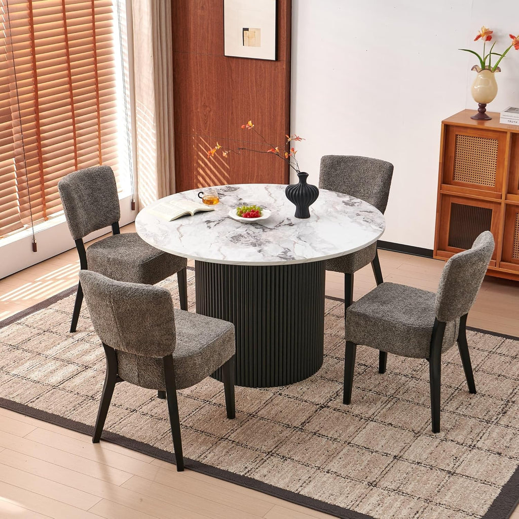 47" Rustic Round Dining Table for 4-6, Industrial Circle Kitchen Dinner Table, Two-Part Faux White Marble Grain Tabletop & Engineered Wood Pedestal Base for Kitchen Living Room Office
