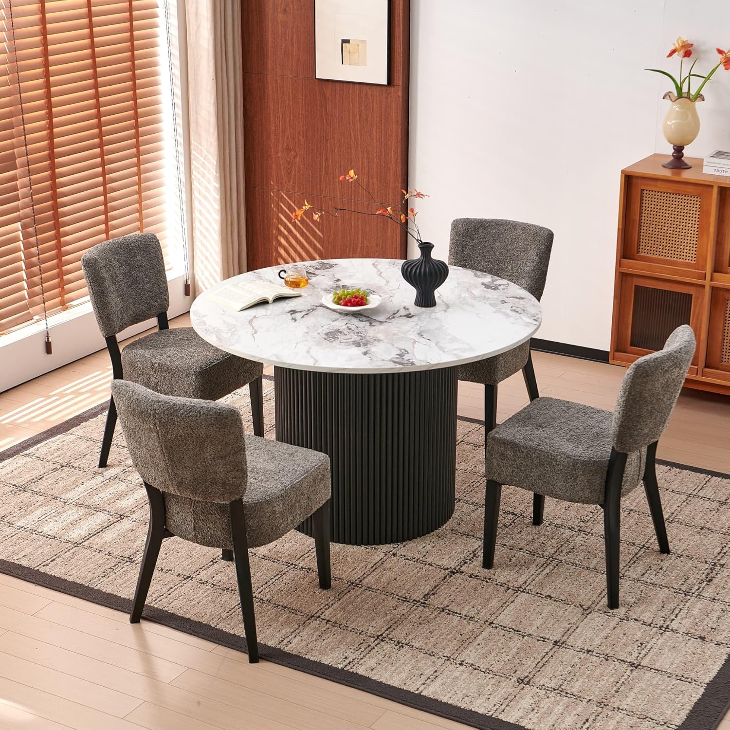 47" Rustic Round Dining Table for 4-6, Industrial Circle Kitchen Dinner Table, Two-Part Faux White Marble Grain Tabletop & Engineered Wood Pedestal Base for Kitchen Living Room Office
