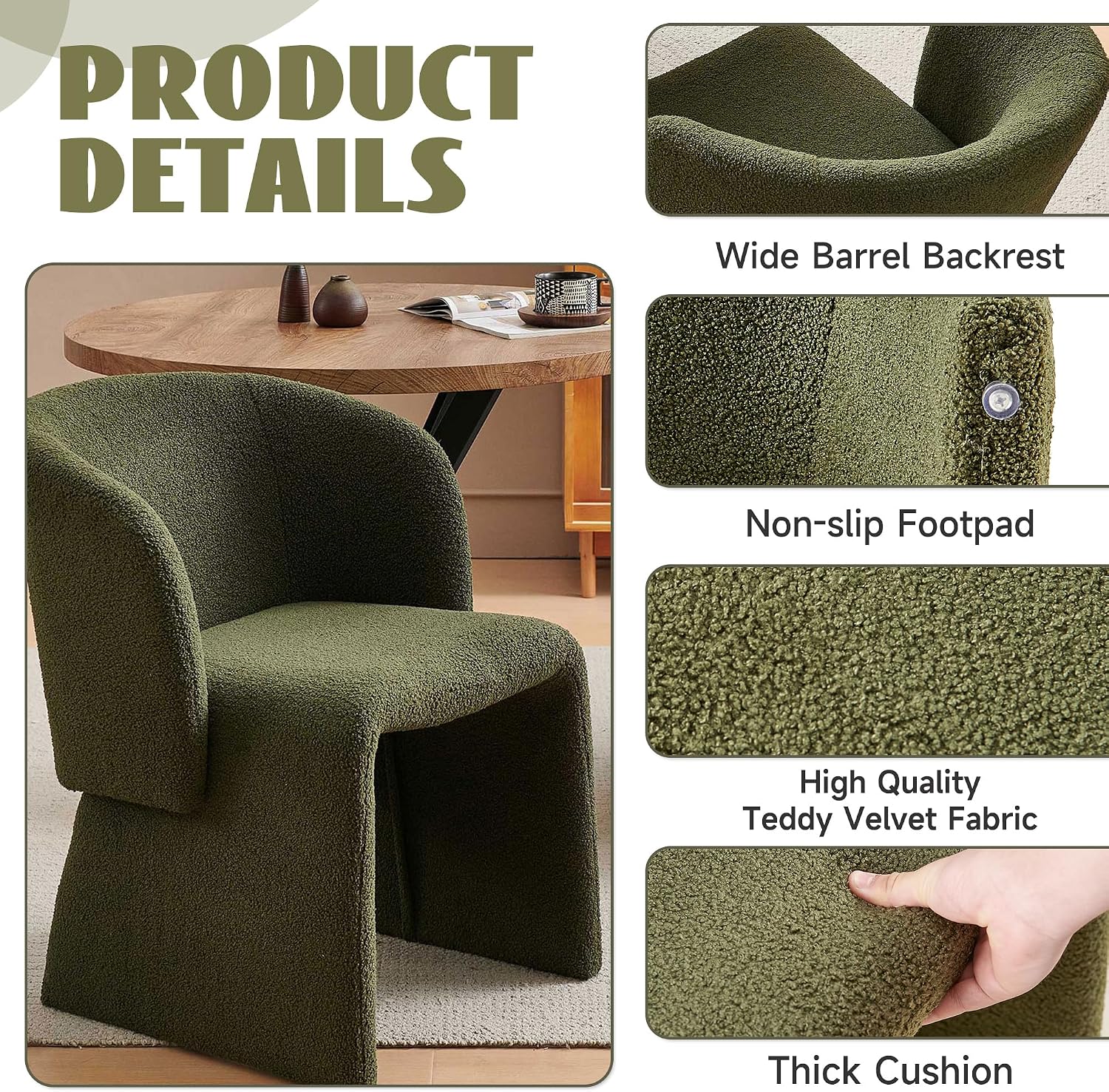 Barrel Dining Chairs Set of 2, Modern Comfy Kitchen Chairs with Arm, Upholstered Teddy Velvet, Bedroom, Living Room, Reading Room, Green