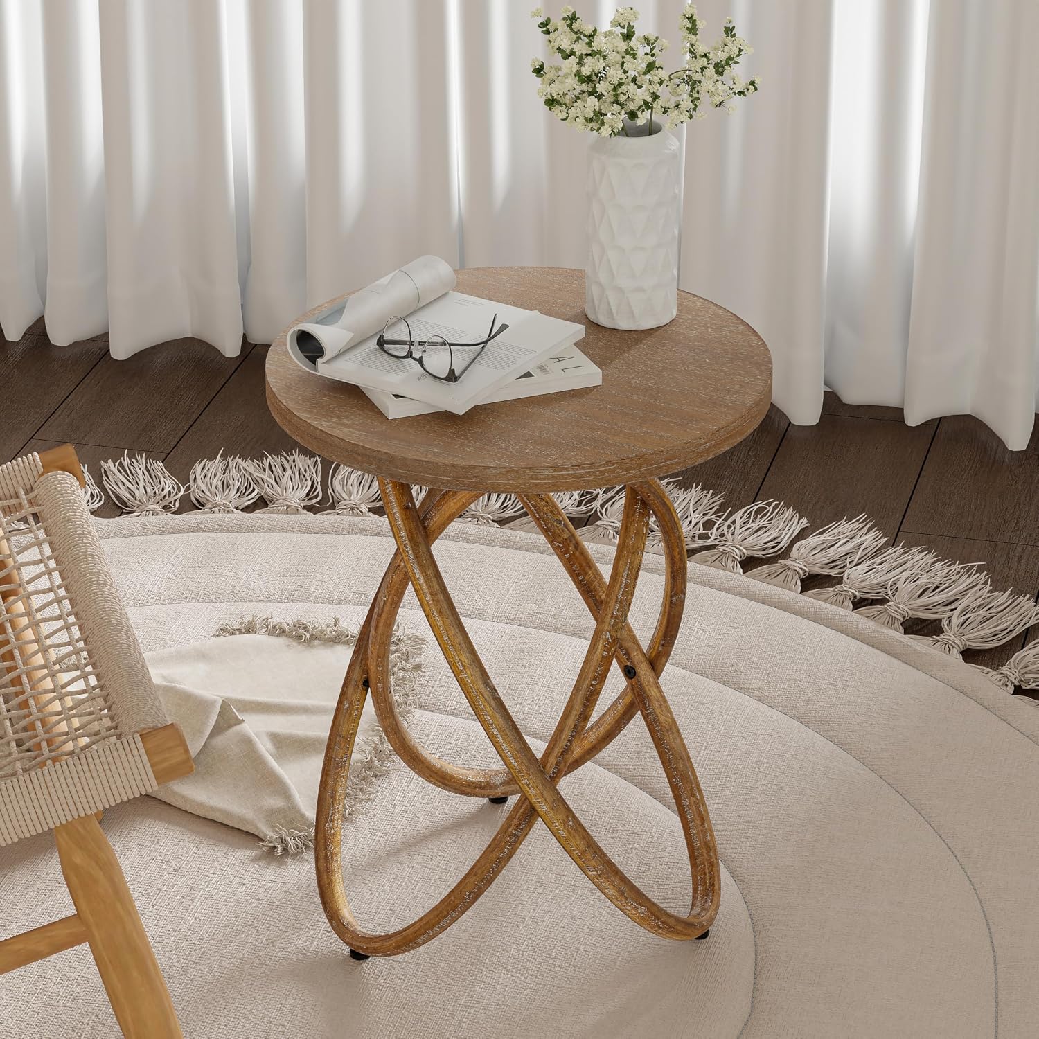 Farmhouse Round End Table with Curved Crossed Base, Natural Brown | Rustic Wood Sofa Side Table, Plant Stand for Living Room, Small Space, Easy Assembly