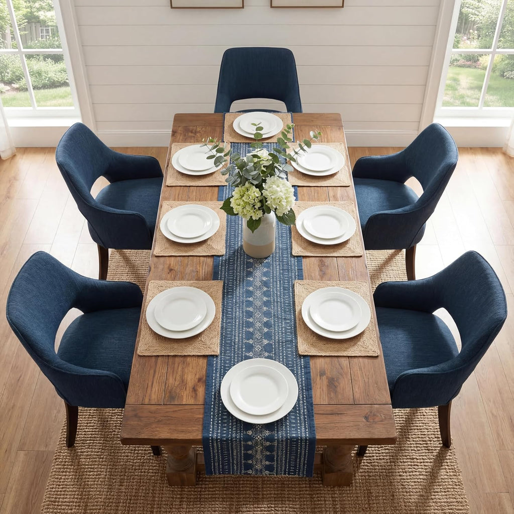 Blue Dining Chairs with Arms Set of 2, Farmhouse Upholstered Linen Dining Chairs, Curved Open Back Kitchen & Dining Room Chairs with Solid Wood Legs and Thick Cushion Seat, Blue