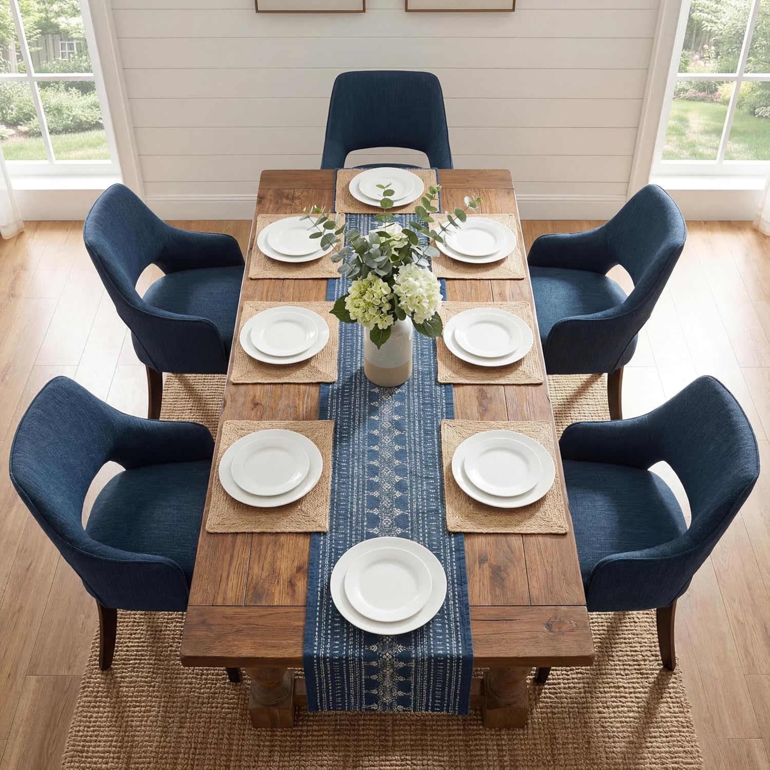 Blue Dining Chairs with Arms Set of 2, Farmhouse Upholstered Linen Dining Chairs, Curved Open Back Kitchen & Dining Room Chairs with Solid Wood Legs and Thick Cushion Seat, Blue