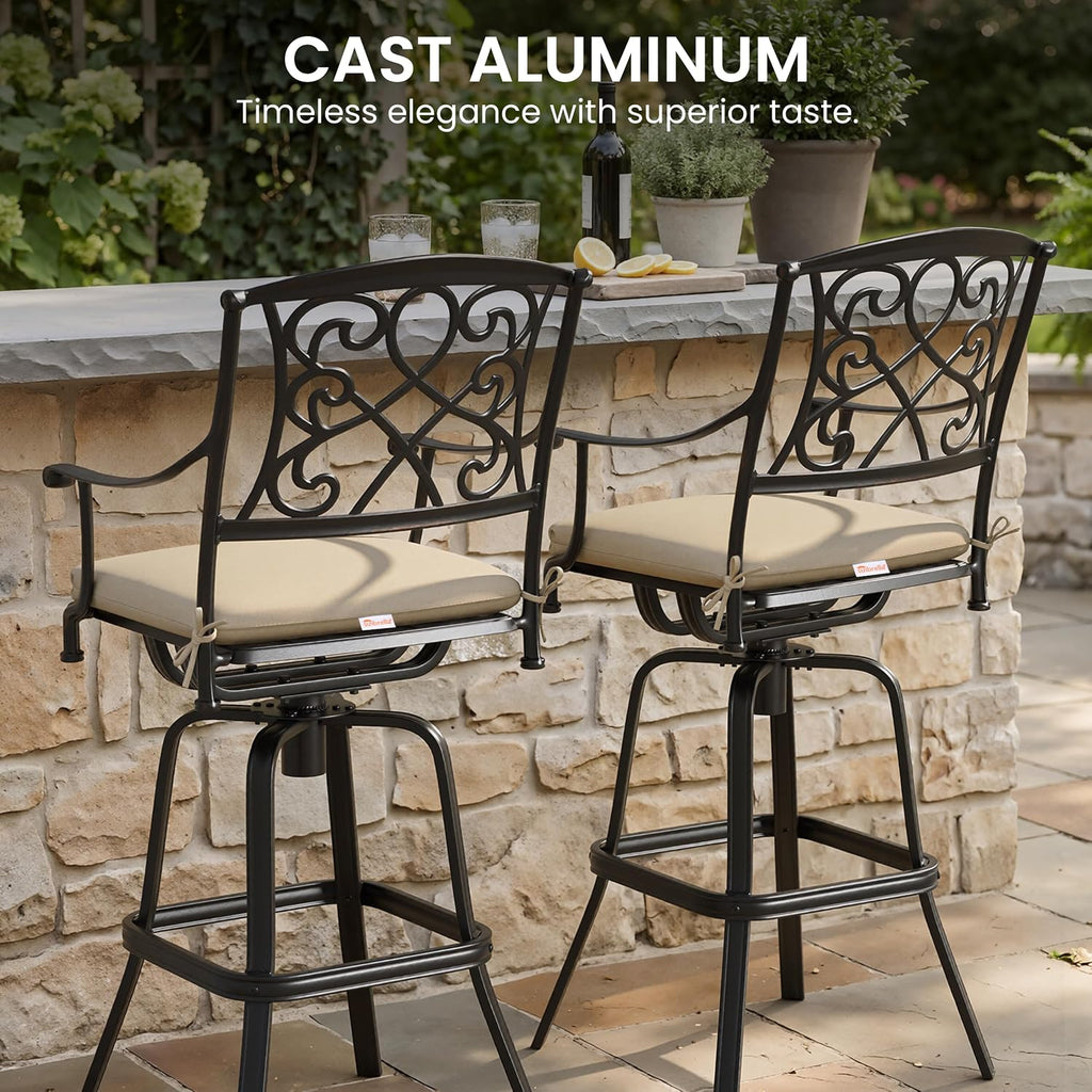 Crestlive Products Outdoor Bar Stools with Sunbrella Cushion Set of 4, 360° Swivel Patio Bar Height Chairs, All Weather Heavy Duty Commercial Grade Furniture, Antique Brown Finish for Outside(Tan)